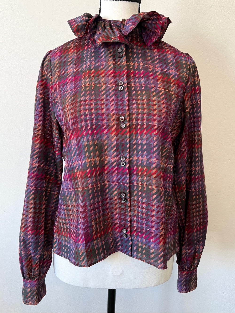 Vintage Jaeger London Blouse Size M Purple Geometric Button Up Blouse